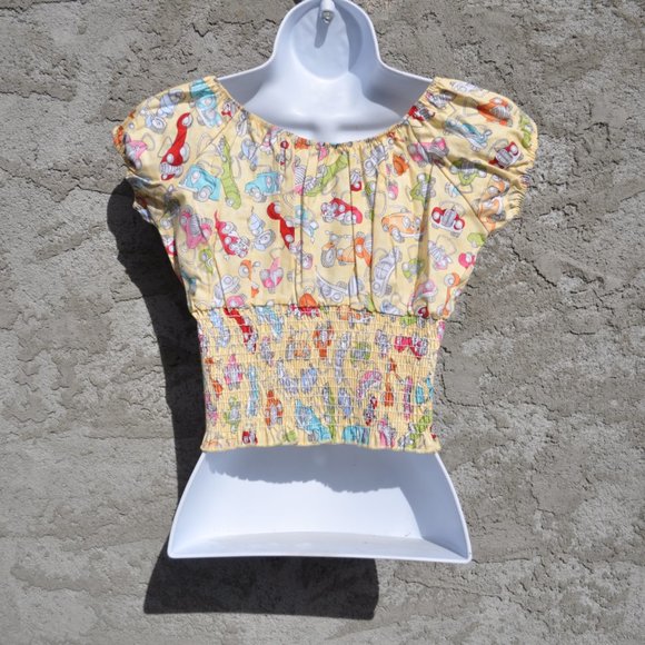 Two Crop top Low Shoulder Cars print and Purple Retro Vintage tops. - Picture 3 of 5